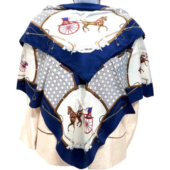 Celine Accessories - Vgt Celine Paris 100% Silk Scarf Satin 34"   ivery blue horse carriage (43